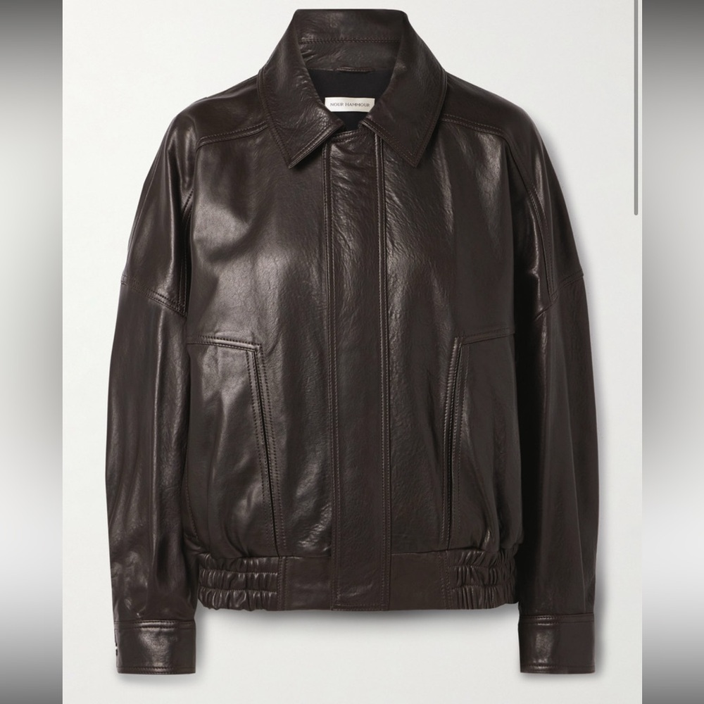 Nour Hammour “Dalma” brown leather bomber jacket, XS